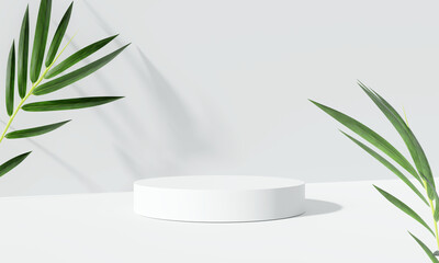 White product display podium with bamboo nature leaves. 3D rendering