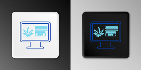 Line Computer monitor and medical marijuana or cannabis leaf icon isolated on grey background. Online buying symbol. Supermarket basket. Colorful outline concept. Vector