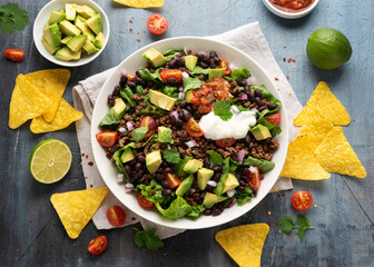 Beef Taco salad with romaine lettuce, avocado, tomato salsa, black bean and tortilla chips. Mexican healthy food