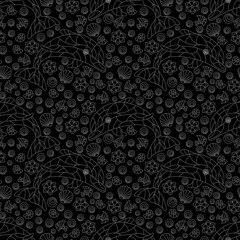 Seamless pattern with light contour cartoon dolphins and shells, outline animals on a dark background