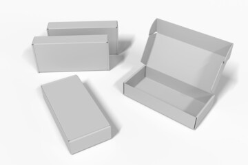 Four narrow white mock-up boxes, empty, open and closed. Isolated white background. 3d rendering
