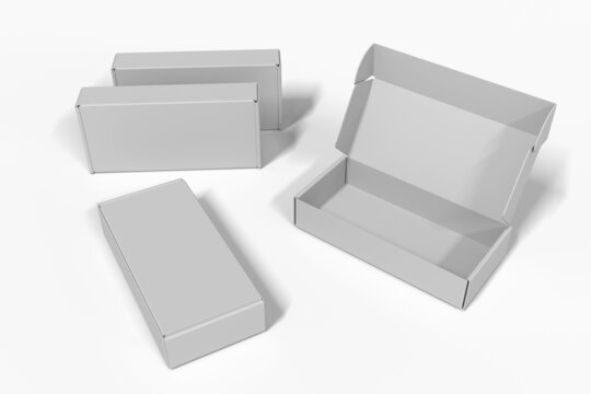 Four narrow white mock-up boxes, empty, open and closed. Isolated white background. 3d rendering