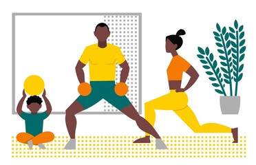 Fototapeta premium Set of healthy lifestyle. The family plays sports at home. A black woman is training online at home. A black man meditates. The couple bought healthy food. Mom and daughter cook vegetables. Vector.