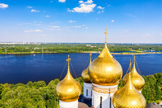 Aerial drone view of Assumption Cathedral and river Kotorosl in summer. Yaroslavl city, touristic Golden Ring in Russia.