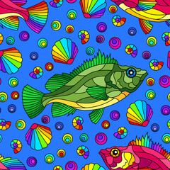 Obraz na płótnie Canvas Seamless pattern on a marine theme with bright rainbow fish and shells, bright fish on a white background