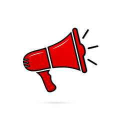Megaphone icon. Loud announce. Red loudspeaker sign. Shout in speaker. Bullhorn alert. Noise speaker. Speak news announcement. Loud sound horn. Notify ad  icon. Voice pop art. Vector illustration