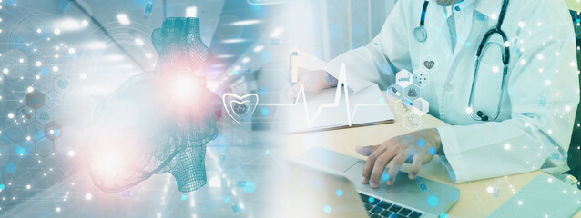 Medicine doctor surgeon,using computer laptop with visual screen digital human heart and diagnostics analysis,concept futuristic cardiologist medical and technology,hologram heartbeat