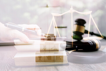 Business and lawyers discussing contract papers with brass scale on desk in office. Law, legal services, advice, justice and law concept picture with film grain effect