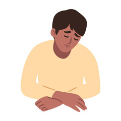 Man is having a headache. Boy feels anxiety and depression. Psychological health concept. Nervous, apathy, sadness, sorrow, unhappy, desperate, migraine. Flat vector illustration.