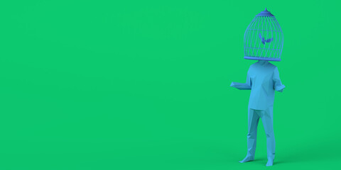 Man with a cage instead of a head with a bird inside. Abstract concept of freedom. Mental health. 3D illustration. Copy space.