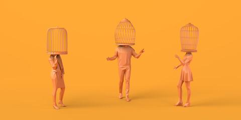 Group of people talking with a cage instead of a head. Abstract concept of freedom. Mental health. 3D illustration. Copy space.