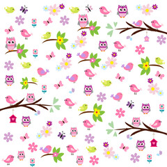 Fondo infantil con búhos, flores, pájaros, etc.