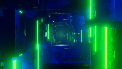 3d rendered abstract technology cube way in the outer space with green lights in blue fog