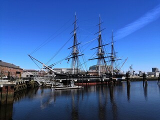 USS Constitution on a bright sunny day at Boston Navy Yard
