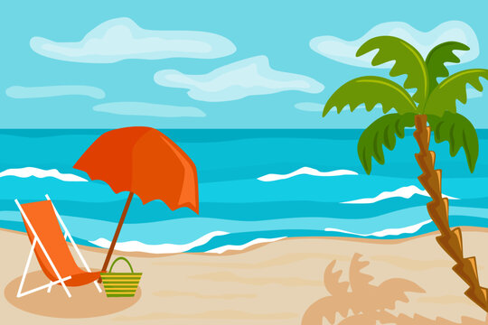 Vector illustration, vacation at sea. Sea, beach, palm tree, sun lounger under an umbrella