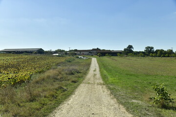 Petite route secondaire de campagne traversant prairies et champs au bourg de Champagne-et-Fontaine au Périgord Vert 