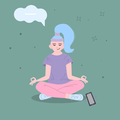 Woman meditate in the lotus position.Yoga lessons. Mental health concept. The girl sits in the lotus position, the thought process, the generation and search for ideas. Time management. Digital detox.