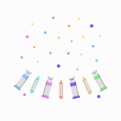 A poster with paints and splashes. Paints in tubes and markers in blue, green, purple, purple, orange, yellow colors. A vivid illustration of creativity, hobbies, drawing, watercolor paints
