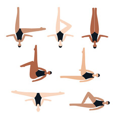 Illustration with swimmers. Synchronized swimming. Set with different positions. Isolated flat vector illustration. Water sports and artistic swimming concept.