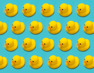 many toy rubber ducklings isolated on blue background pattern, horizontal