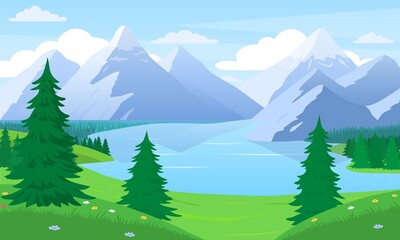 Beautiful summer landscape. Panorama with mountains, hills, trees, fields and lake. Design for posters, social networks and websites. Nature and environment. Cartoon modern flat vector illustration