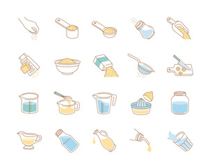 Icons with culinary ingredients. Containers with salt, bottles with cereals and measuring glasses. Stickers for websites and applications. Cartoon flat vector collection isolated on white background - obrazy, fototapety, plakaty