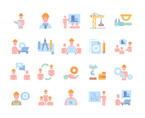 Icon collection with builders, tools and equipment. Stickers with buildings, construction of houses and work of engineers. Design elements for app. Cartoon colorful flat vector set on white background