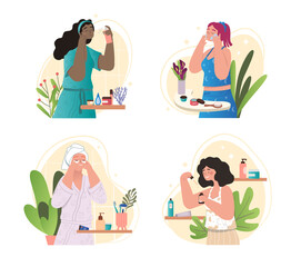 Collection of female characters caring for skin. Beautiful women with various beauty products. Cleansing, moisturizing, toning and nourishing face. Cartoon flat vector set isolated on white background