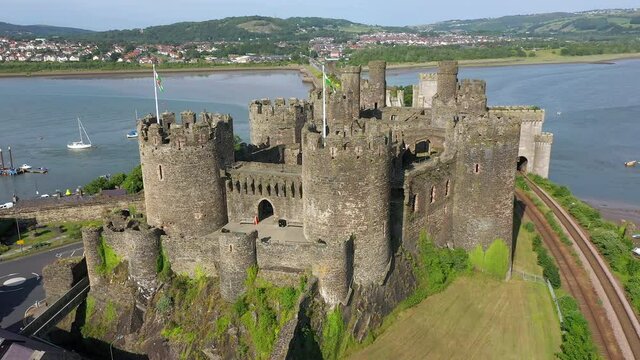 Aerial view of Conway Castle, Gwynedd, North Wales, United Kingdom