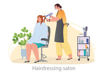 Beauty salon for women concept. Hairdresser dries client hair with dryer. Professional care and maintenance. Female with hairstyle. Cartoon flat vector illustration isolated on white background