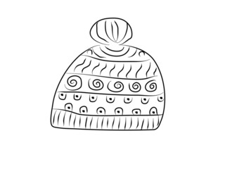 Coloring book winter hat, clothing. Zentangle style, doodle.  Colouring page for kids or adult. Vector illustration modern