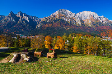 Autumn landscape and Prahova valley with Bucegi mountains, Carpathians, Romania