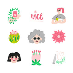 Cute and illustrations of cosmetics, girls and floral elements. Doodle style icons for social media and polygraphic design. Vector. Can be used as stickers or highlights. Self care and beauty shopping