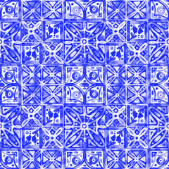 Seamless pattern in blue watercolor technique with geometric shapes, floral elements, on a white background. For wallpaper, textiles, fabrics, textiles.