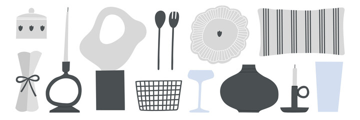 Set of objects for home decorating. Dishes for serving. Decor for interior. Vector illustration. Modern decor objects for comfortable living.
