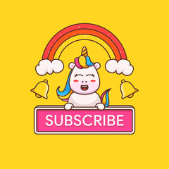 cute unicorn with subscribe button illustration
