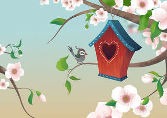 Spring background wih birdhouse
