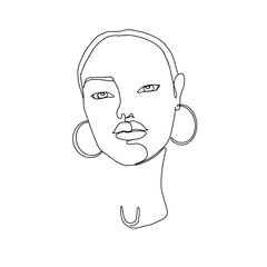 Abstract face with earrings one line drawing. Beauty Woman Portrait minimalistic style. Vector illustration 