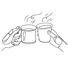 Continuous line drawing of two hands holding coffee and tea cups. Young couple drinking coffee. Vector illustration