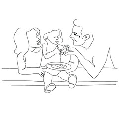 Father and mother feeding child cake.  Continuous line drawing of family eating dessert. Hand drawn body silhouette  line art. Abstract minimalistic