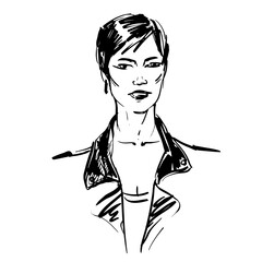Ink sketch of young woman.  Vector illustration isolated on white background. 