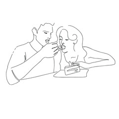 Continuous line drawing of couple dining in caf&eacute;. Hand drawn body silhouette line art. Outline drawing man feeds woman dessert. 