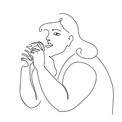Hand drawn woman portrait line art. Plus-sized woman body silhouette. Outline drawing female eating burger. Abstract minimalistic linear sketch.  Body positive vector illustration