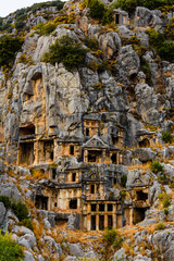 Ruins of the ancient lycian rock tombs in town Demre. Ancient Myra city. Antalya province, Turkey