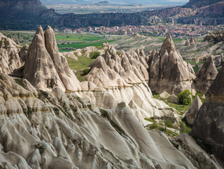 aerial view over the landscape of  fairy chimneys Cappadocia Turkey  