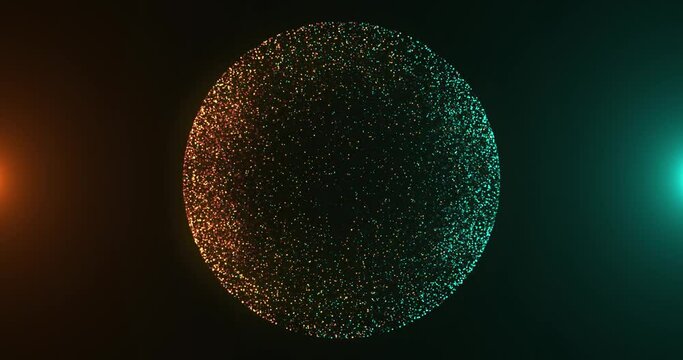 A beautiful sphere of particles formed from two hemispheres,Green-Orang illumination on both sides. 4K.