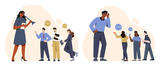 Obraz premium Leader listens advice of employees. Smart boss pays attention to feedback of customers and his team. Business development based on experience. Cartoon flat vector collection on white background