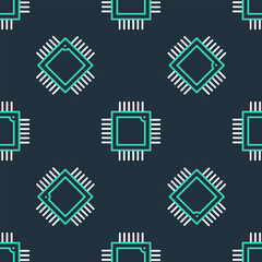 Fototapeta premium Line Computer processor with microcircuits CPU icon isolated seamless pattern on black background. Chip or cpu with circuit board. Micro processor. Vector