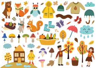 Fototapeta Cute autumn elements collection. Fall clothes, animals, leaves, mushrooms, kids and more. Autumn season clipart set. Vector illustration obraz