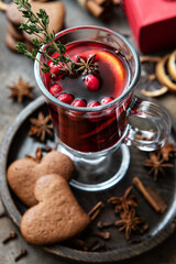 Mulled wine with gingerbread cookies. Christmas composition